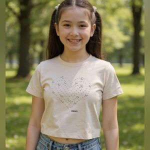 DKNY Beige Tee W/ Heart Design Crop Top Size Young Girl’s Medium NEW